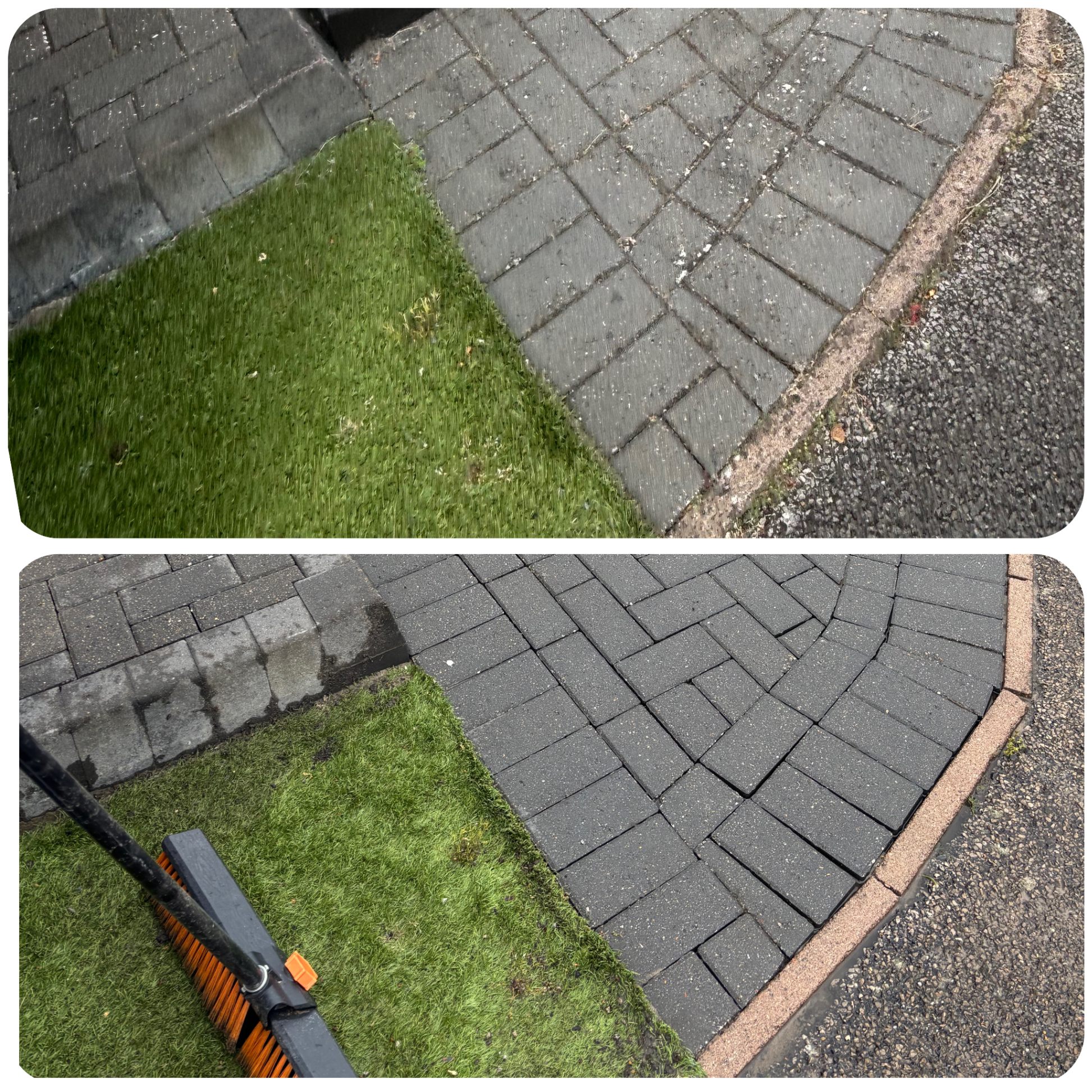 Block paving driveway close-up before and after pressure washing in Lincoln — detail showing clean block colour